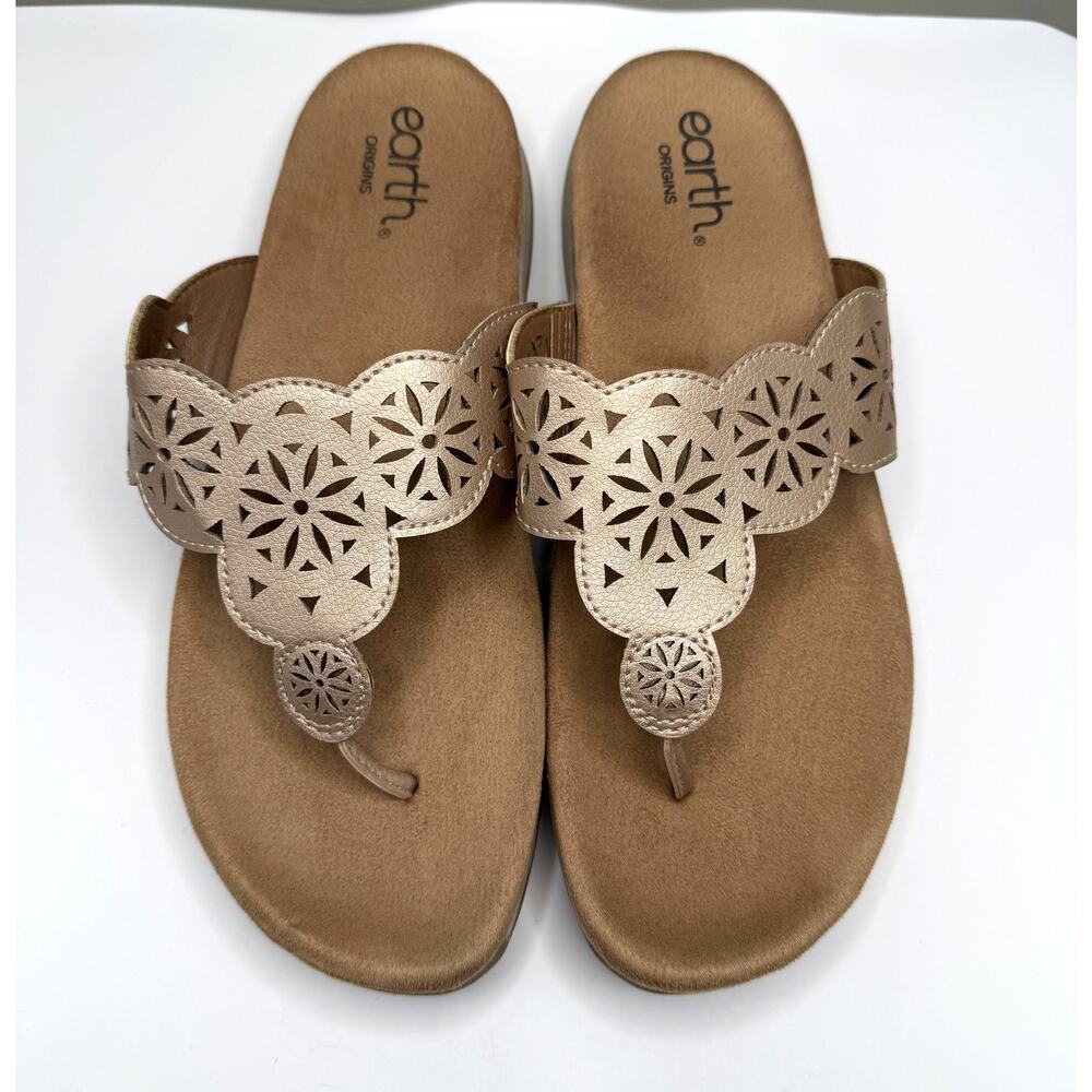 Earth Origins Beige Leather Floral Cut-Out Thong Slip On Sandals Comfort US 10M - Picture 9 of 11